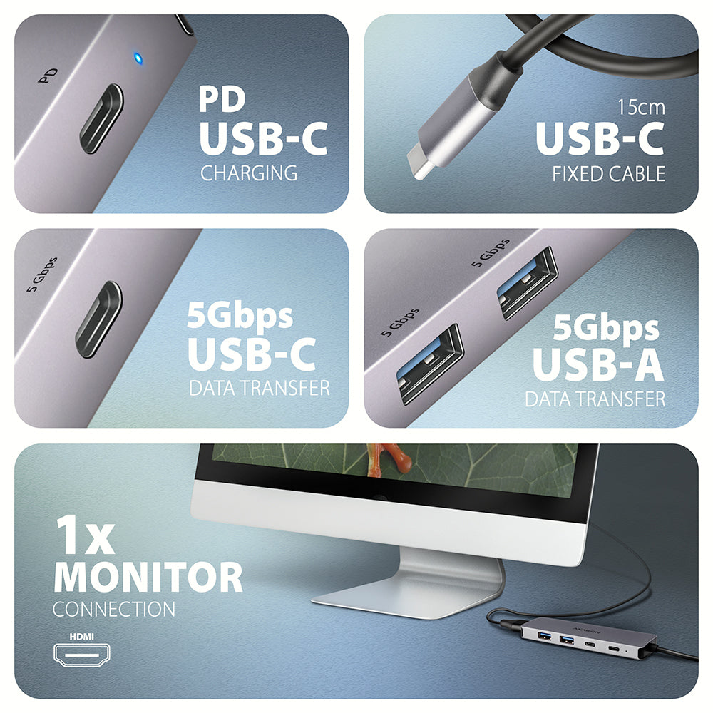Axagon HMC-5H60 USB 5Gbps hub, 2x USB-A, 1x USB-C, HDMI 4k/60Hz, PD 100W, USB-C Kabel