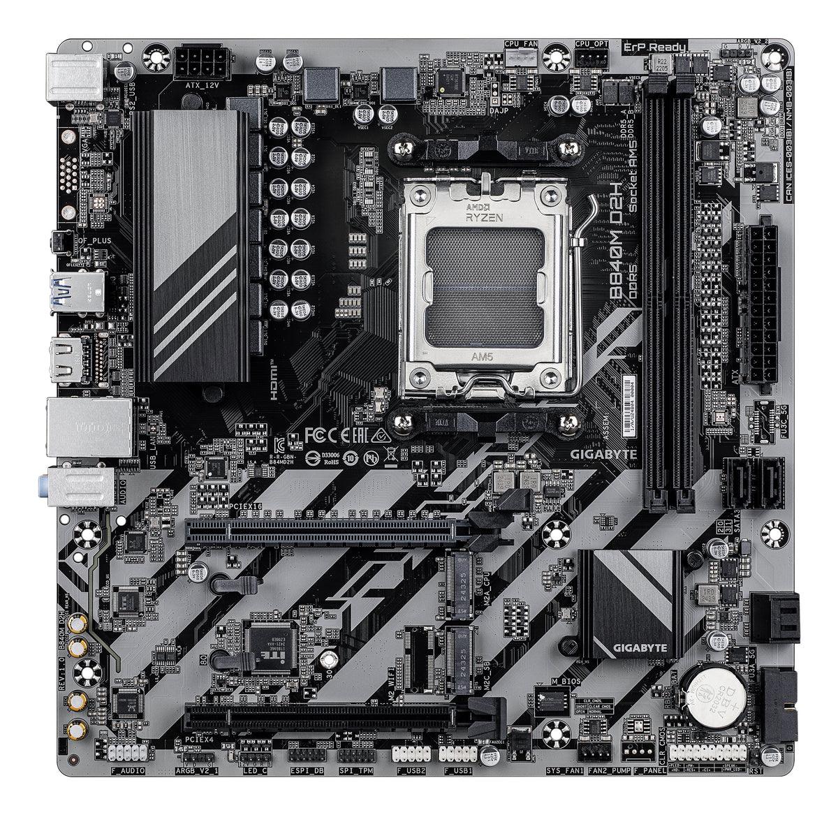 GIGABYTE B840M D2H Mainboard – AMD Ryzen 9000 CPUs, 5+2+2 Phasen VRM, bis zu 7600 MHz DDR5, 1xPCIe 4.0 + 1xPCIe 3.0 M.2, 2.5GbE LAN, USB 3.2 Gen 1