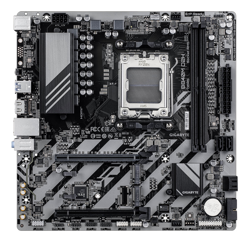 GIGABYTE B840M D2H Mainboard – AMD Ryzen 9000 CPUs, 5+2+2 Phasen VRM, bis zu 7600 MHz DDR5, 1xPCIe 4.0 + 1xPCIe 3.0 M.2, 2.5GbE LAN, USB 3.2 Gen 1