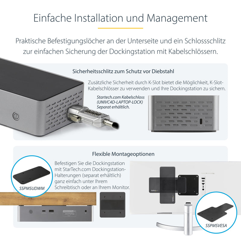 StarTech.com USB C Dockingstation für 4 monitore - 4K 60Hz Hybrid Notebook Dock DisplayPort 1.4 & HDMI 2.0 - Universal USB-C/Thunderbolt Laptop Dock mit 100W PD - USB Hub mit 1x USB-C & 3x USB-A, GbE, Audio