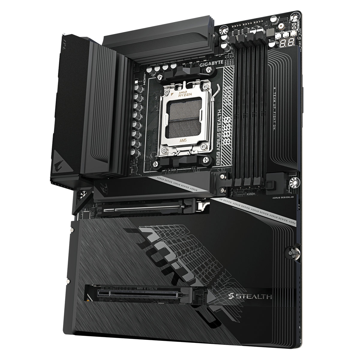GIGABYTE B850 AORUS STEALTH Mainboard – AMD Ryzen 9000 Series CPUs, digitales 14+2+2-Phasen-VRM, bis zu 8200 MHz DDR5 (O.C.), 2× PCIe-5.0-M.2 + 2× PCIe-4.0-M.2, Wi-Fi 7, 5-GbE-LAN, USB 3.2 Gen 2