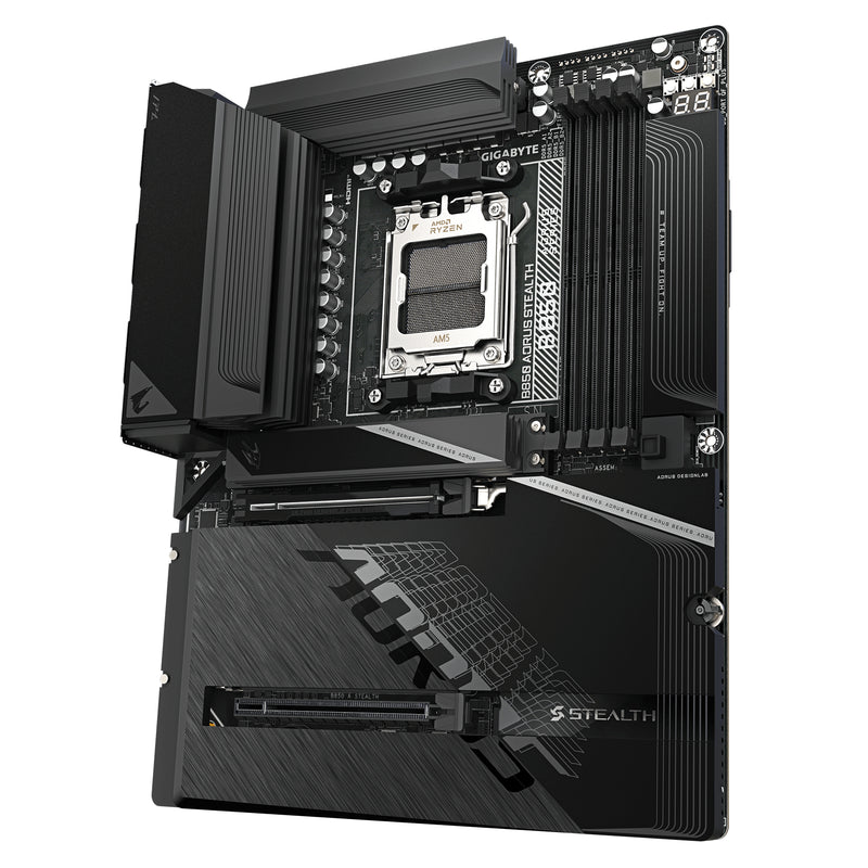 GIGABYTE B850 AORUS STEALTH Mainboard – AMD Ryzen 9000 Series CPUs, digitales 14+2+2-Phasen-VRM, bis zu 8200 MHz DDR5 (O.C.), 2× PCIe-5.0-M.2 + 2× PCIe-4.0-M.2, Wi-Fi 7, 5-GbE-LAN, USB 3.2 Gen 2