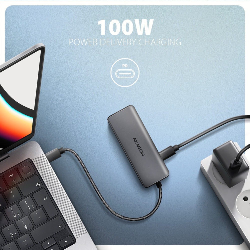Axagon HMC-5H8K USB 5Gbps hub 2x USB-A USB-C HDMI 8k/30Hz PD 100W kabel USB-C Kabelgebunden USB 3.2 Gen 1 (3.1 Gen 1) Type-C Grau