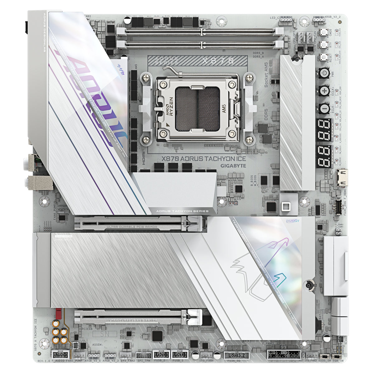 GIGABYTE X870 AORUS TACHYON ICE Mainboard – Unterstützt AMD Ryzen 9000 CPUs, digitale 18+2+2 Phasen VRM, bis zu 9600 MHz DDR5 (OC), 1 x PCIe 5.0 + 2 x PCIe 4.0, Wi-Fi 7, 5 GbE LAN, USB 4