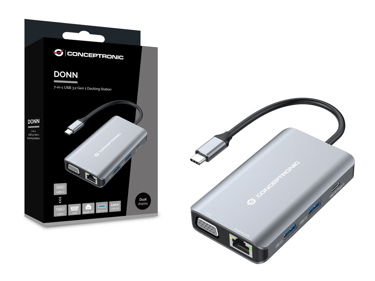 Conceptronic DONN21G laptop-dockingstation & portreplikator Kabelgebunden USB 3.2 Gen 1 (3.1 Gen 1) Type-C Grau