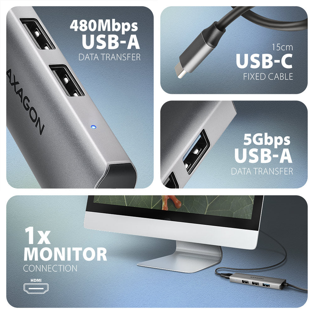 Axagon HMC-H3A USB 5Gbps hub, 3x USB-A, HDMI 4k/30Hz, 15cm USB-C Kabel