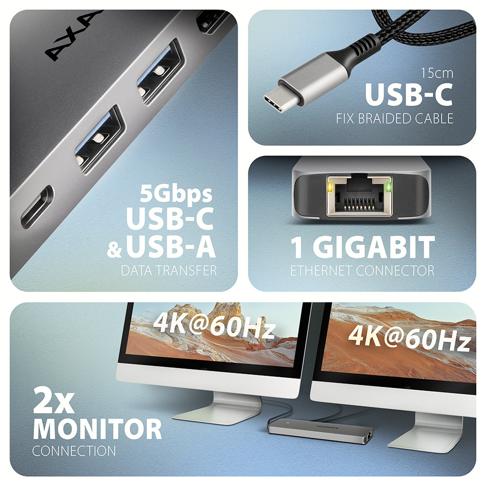 Axagon HMC-7HX2 USB 5Gbps hub, 2x USB-A, USB-C, 2x HDMI 4k/60Hz, RJ-45, PD 100W