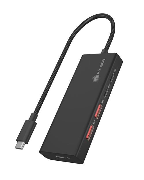 ICY BOX IB-HUB1436-CPD, USB 3.2 Gen 2 Hub, 1x Type-C® zu 2x Type-C® und 2x Type-A USB Anschlüssen 10 Gbit/S und Power Delivery bis zu 100 W, schwarz