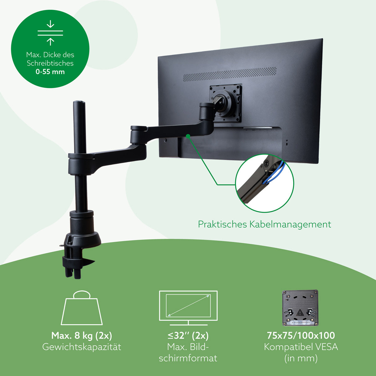R-Go Tools Monitorhalterung R-Go Zepher, verstellbarer Doppel-Monitorarm, 100% Zirkular, bis 8 kg belastbar, schwarz