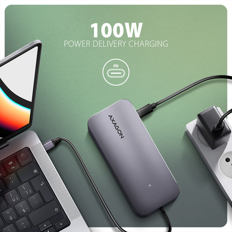 Axagon HMC-6GM2 USB 10Gbps hub USB-A USB-C HDMI M.2 SD/mSD PD 100W USB-C Kabelgebunden USB 3.2 Gen 2 (3.1 Gen 2) Type-C Grau