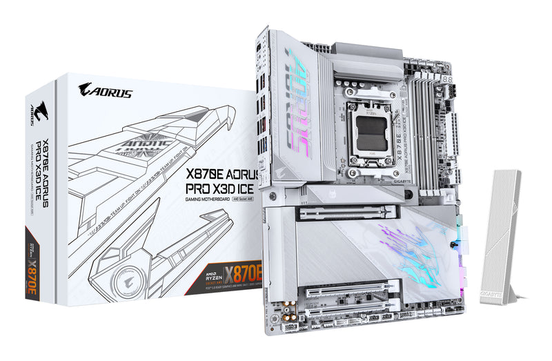 GIGABYTE X870E AORUS PRO X3D ICE Mainboard – Unterstützt AMD Ryzen 9000 Prozessoren, 18+2+2-Phasen Digital-VRM, bis zu 9000 Hz DDR5 (OC), 2 x PCIe 5.0 + 2 x PCIe 4.0, Wi-Fi 7, 5 GbE LAN, USB 4