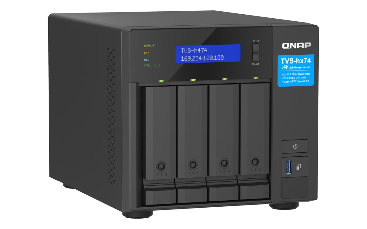 QNAP TVS-H474 NAS Tower Intel® Pentium® G7400 8 GB DDR4 0 TB QuTS hero Schwarz