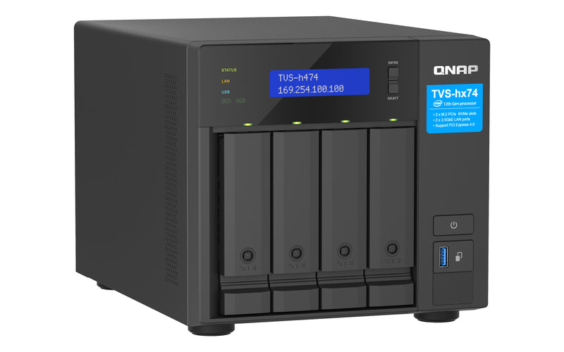QNAP TVS-H474 NAS Tower Intel® Pentium® G7400 8 GB DDR4 0 TB QuTS hero Schwarz