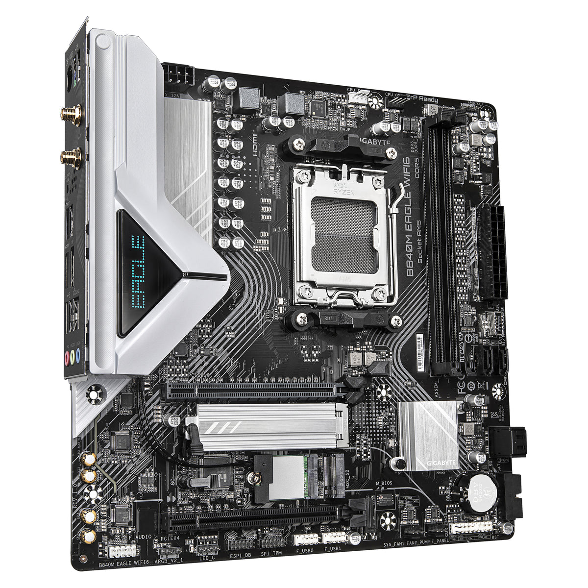 GIGABYTE B840M EAGLE WIFI6 Mainboard – AMD Ryzen 9000 Prozessoren, 5+2+2 Phasen VRM, bis zu 7600 MHz DDR5 (O.C.), 1 x M.2 PCIe 4.0 + 1 x M.2 PCIe 3.0, Wi-Fi 6, 2.5 GbE LAN, USB 3.2 Gen 1