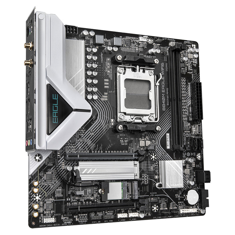 GIGABYTE B840M EAGLE WIFI6 Mainboard – AMD Ryzen 9000 Prozessoren, 5+2+2 Phasen VRM, bis zu 7600 MHz DDR5 (O.C.), 1 x M.2 PCIe 4.0 + 1 x M.2 PCIe 3.0, Wi-Fi 6, 2.5 GbE LAN, USB 3.2 Gen 1