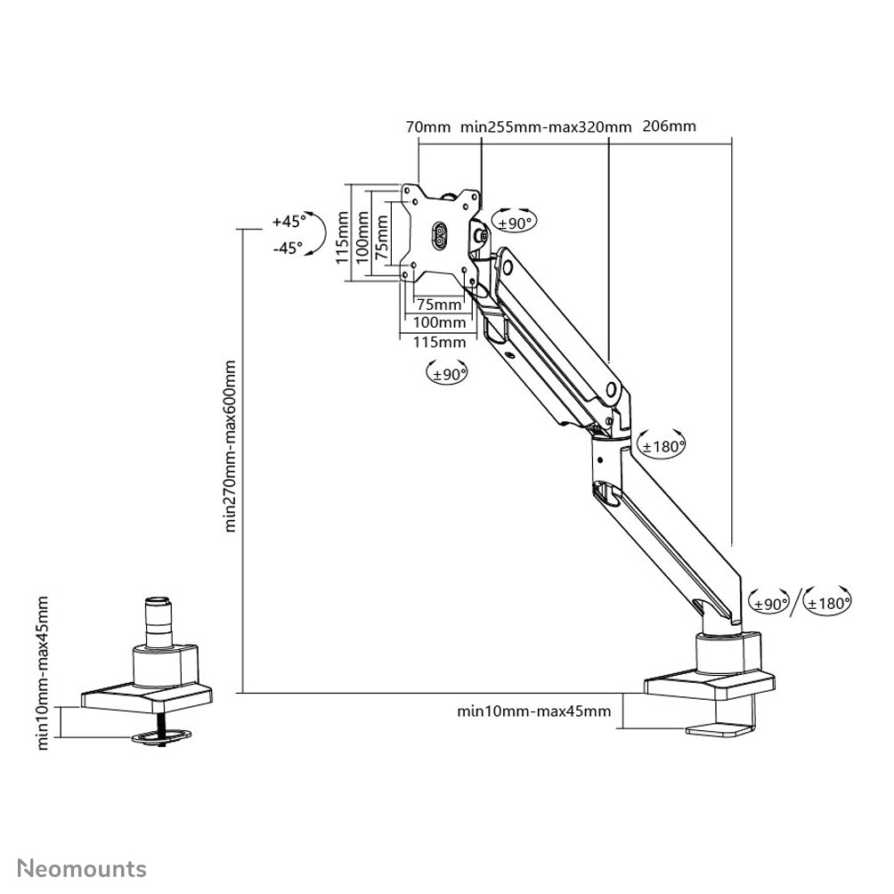 Neomounts NM-D775SILVER Monitorarm 10-32" - Gasfeder - Topfix - 180°-Stopp