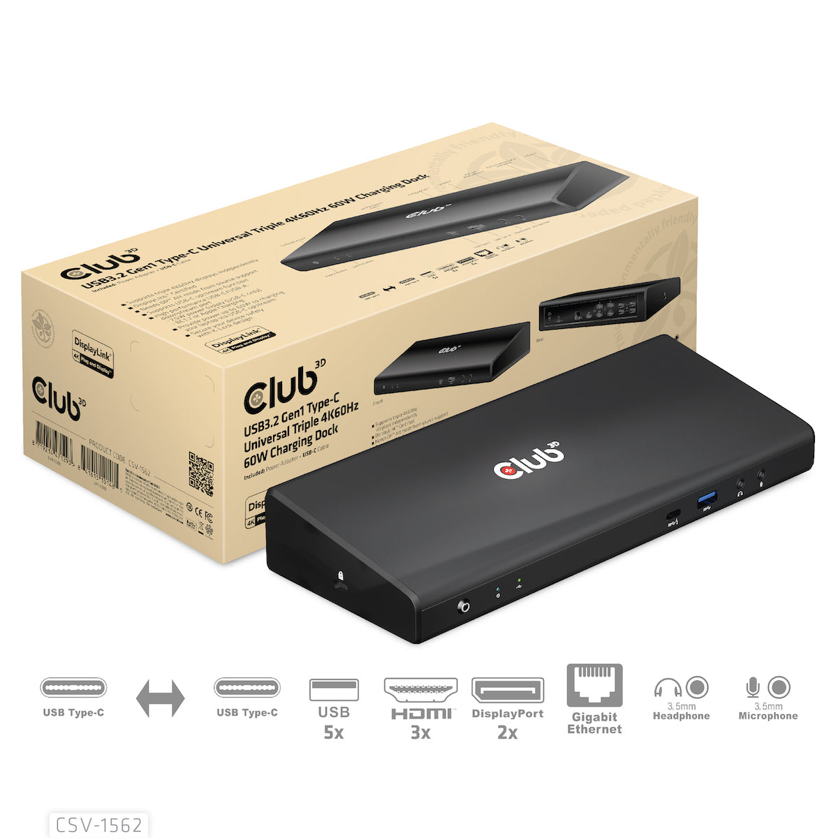 CLUB3D CSV-1562 laptop-dockingstation & portreplikator Andocken USB 3.2 Gen 1 (3.1 Gen 1) Type-C Schwarz