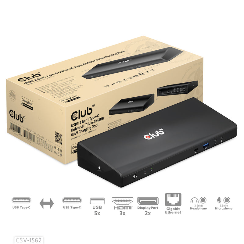 CLUB3D CSV-1562 laptop-dockingstation & portreplikator Andocken USB 3.2 Gen 1 (3.1 Gen 1) Type-C Schwarz