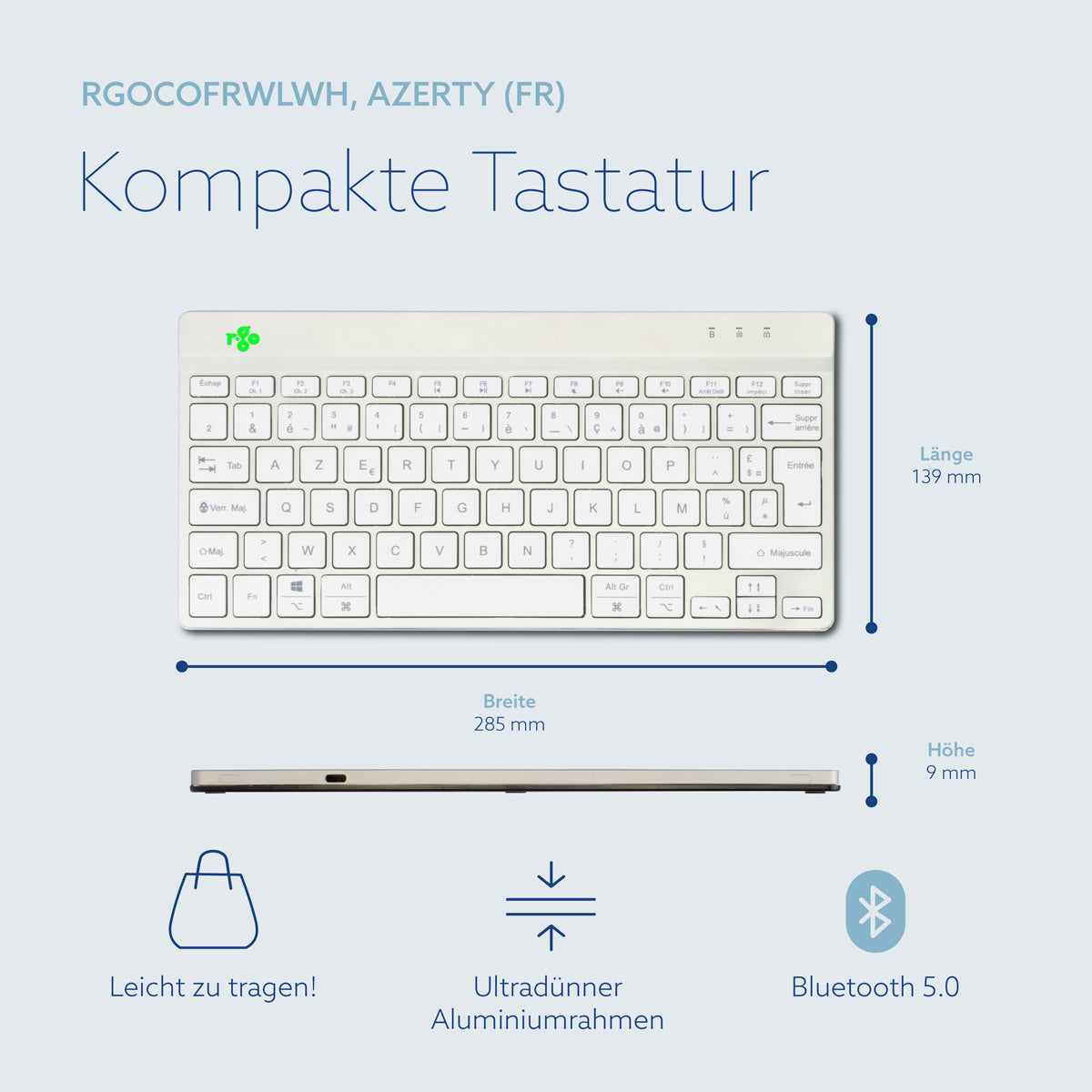 R-Go Tools Ergonomische Tastatur R-Go Compact Break, kompakte Tastatur mit Pausensoftware, AZERTY (FR), Bluetooth, Weiß