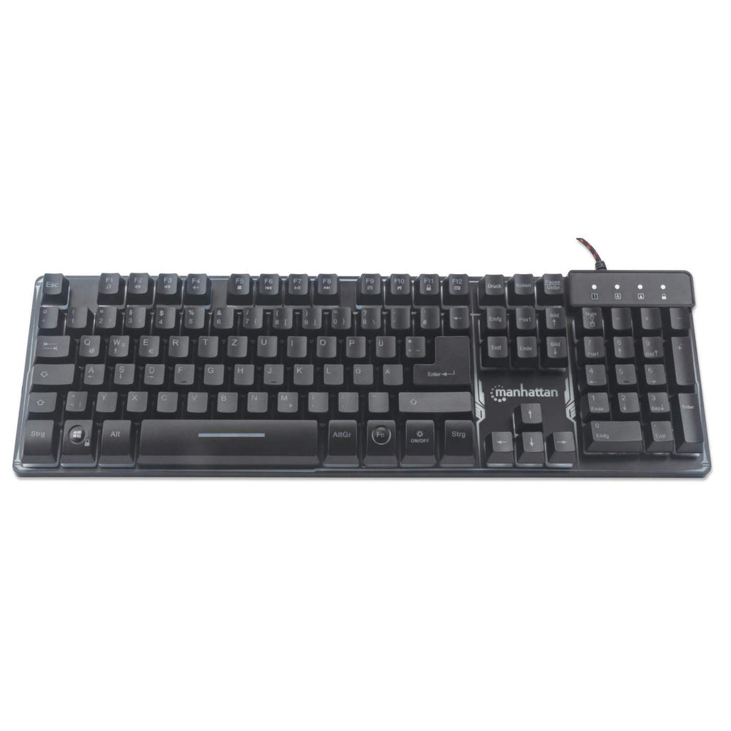 Manhattan USB-Gaming-Tastatur mit LEDs und Metallunterseite, 12 Funktionstasten, Metallunterseite, farbige LED-Hintergrundbeleuchtung, 19 Anti-Ghosting-Tasten, Schutzklasse IPX4 (spritzwassergeschützt), schwarz