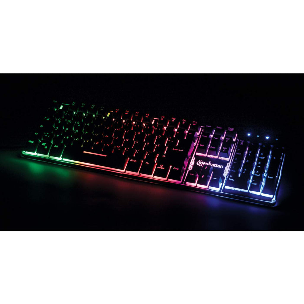 Manhattan USB-Gaming-Tastatur mit LEDs und Metallunterseite, 12 Funktionstasten, Metallunterseite, farbige LED-Hintergrundbeleuchtung, 19 Anti-Ghosting-Tasten, Schutzklasse IPX4 (spritzwassergeschützt), schwarz