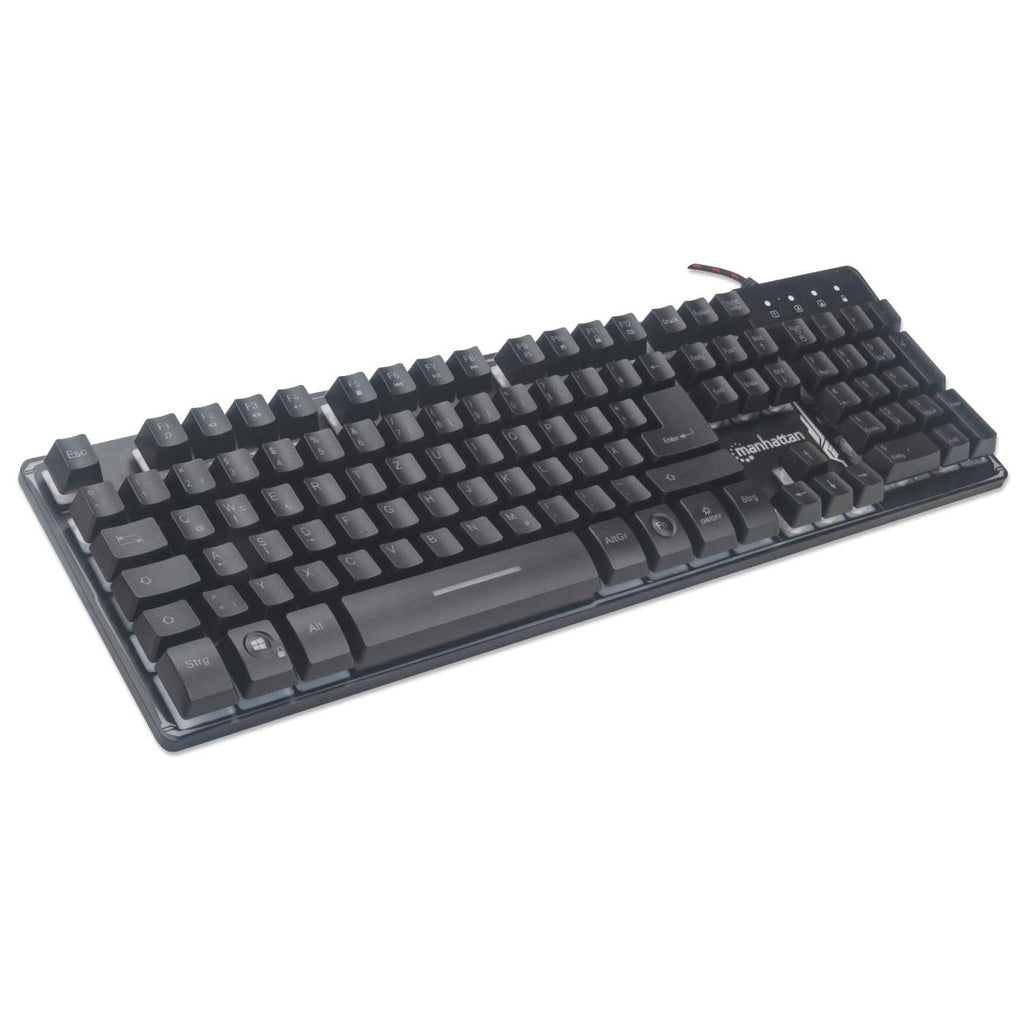 Manhattan USB-Gaming-Tastatur mit LEDs und Metallunterseite, 12 Funktionstasten, Metallunterseite, farbige LED-Hintergrundbeleuchtung, 19 Anti-Ghosting-Tasten, Schutzklasse IPX4 (spritzwassergeschützt), schwarz