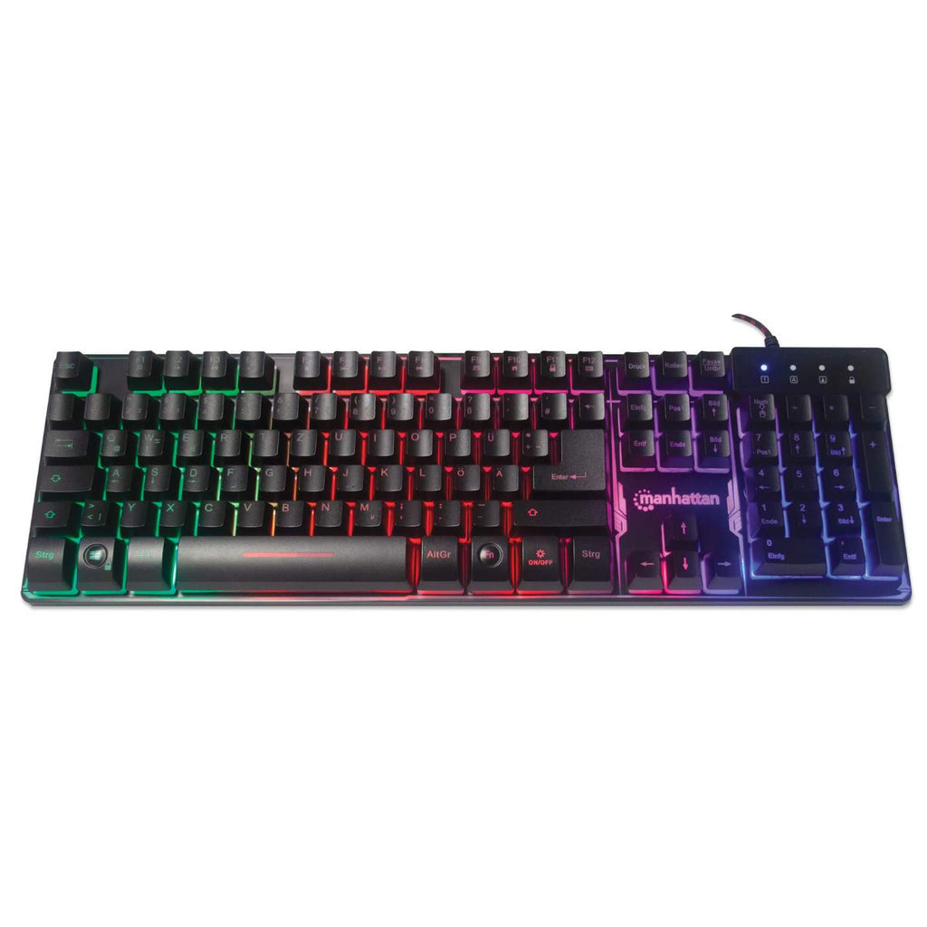 Manhattan USB-Gaming-Tastatur mit LEDs und Metallunterseite, 12 Funktionstasten, Metallunterseite, farbige LED-Hintergrundbeleuchtung, 19 Anti-Ghosting-Tasten, Schutzklasse IPX4 (spritzwassergeschützt), schwarz