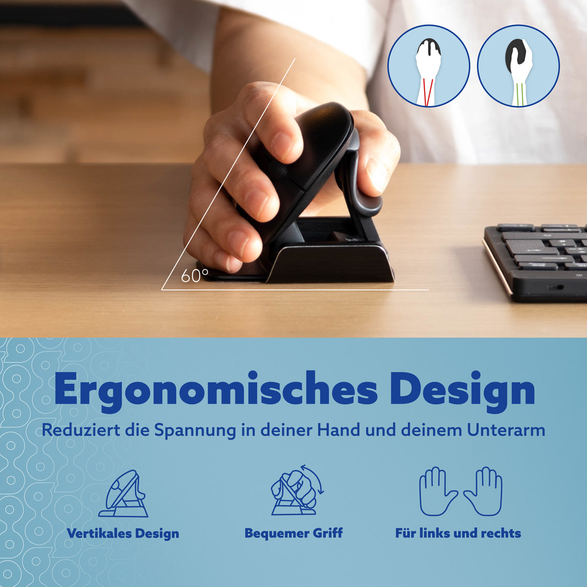 R-Go Tools Ergonomische Maus R-Go Twister mit Pausensoftware, beidhändige Maus, faltbar, Bluetooth und kabelgebunden