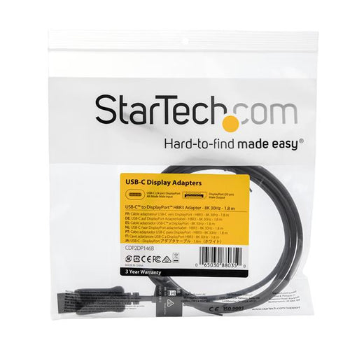 StarTech 5.9 ft 1.8m USB-C to DisplayPort Adapter Cable 8K 30Hz HBR3 Thunderbolt 3 Compatible