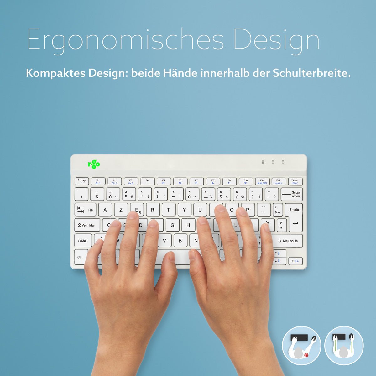 R-Go Tools Ergonomische Tastatur R-Go Compact Break, kompakte Tastatur mit Pausensoftware, AZERTY (FR), Bluetooth, Weiß