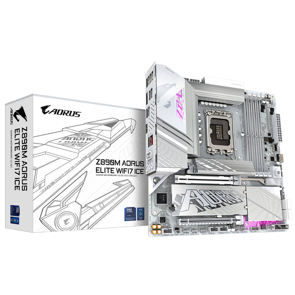 GIGABYTE Z890M AORUS ELITE WIFI7 ICE Mainboard - Unterstützt Intel Core Ultra (Serie 2) CPUs, 12+1+2 Phasen VRM, bis zu 8800MHz DDR5 (OC), 1xPCIe 5.0 + 2xPCIe 4.0, Wi-Fi 7, 2.5GbE LAN, USB 4