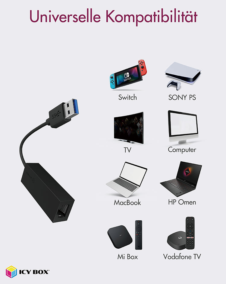 ICY BOX IB-AC501a, USB 3.2 Gen 1 (Type-A) zu Gigabit Ethernet Lan Adapter, schwarz