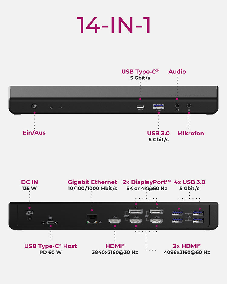 ICY BOX IB-DK2244AC Kabelgebunden USB 3.2 Gen 1 (3.1 Gen 1) Type-C Schwarz