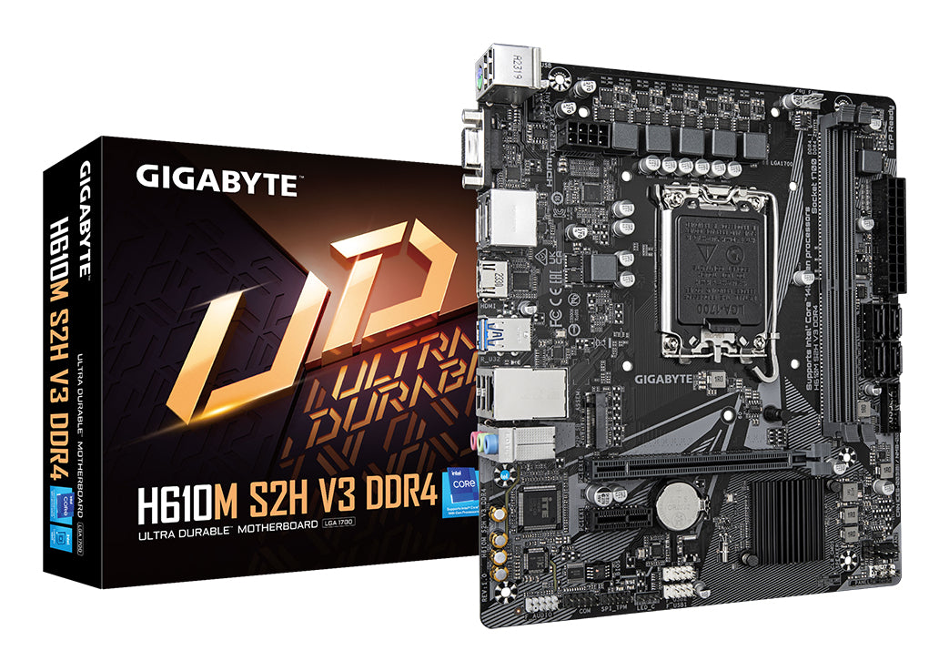 GIGABYTE H610M S2H V3 DDR4 Mainboard - Unterstützt Intel Core Prozessoren 14th CPUs, 4+1+1 Hybrid Digital VRM, up to 3200MHz DDR4, 1xPCIe 3.0 M.2, GbE LAN , USB 3.2 Gen 1