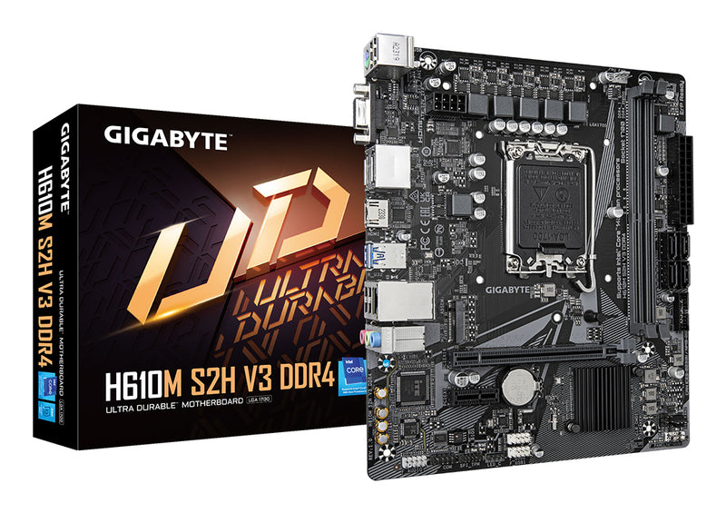 GIGABYTE H610M S2H V3 DDR4 Mainboard - Unterstützt Intel Core Prozessoren 14th CPUs, 4+1+1 Hybrid Digital VRM, up to 3200MHz DDR4, 1xPCIe 3.0 M.2, GbE LAN , USB 3.2 Gen 1