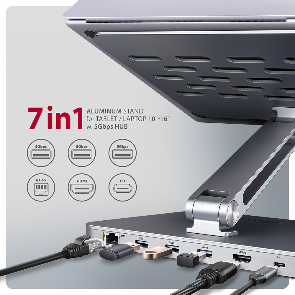 Axagon HMC-STND Multiport USB-C 5Gbps Hub und Aluminiumständer für Laptops. HDMI 4k/60Hz, GLAN, PD und 3 USB-A-Anschlüsse. Kabel USB-C 60 cm.