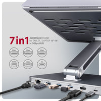 Axagon HMC-STND Multiport USB-C 5Gbps Hub und Aluminiumständer für Laptops. HDMI 4k/60Hz, GLAN, PD und 3 USB-A-Anschlüsse. Kabel USB-C 60 cm.