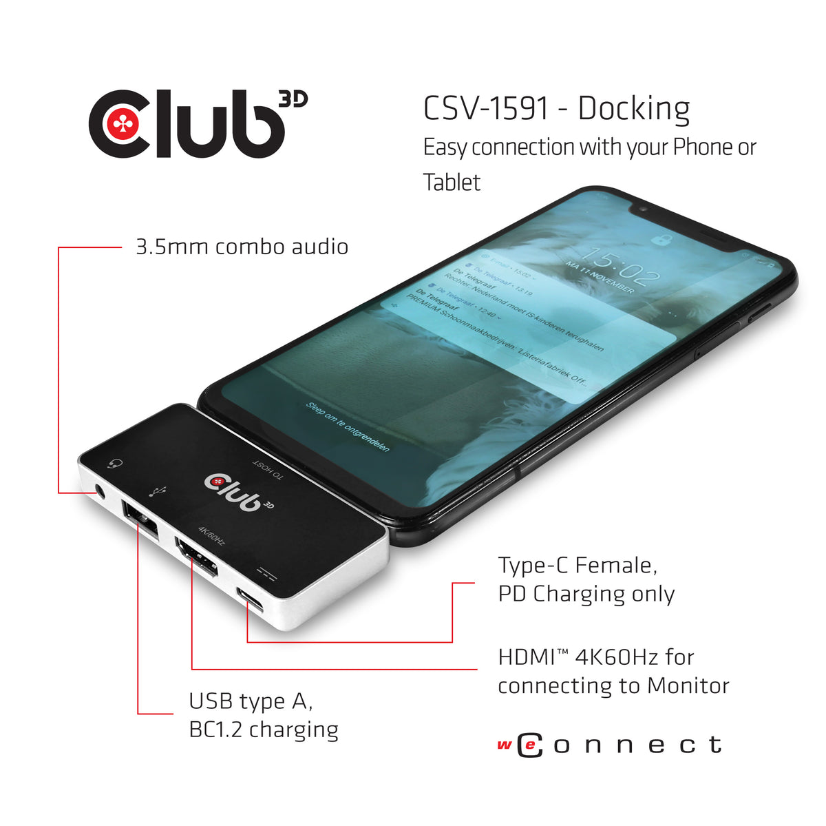 CLUB3D CSV-1591 laptop-dockingstation & portreplikator Andocken USB 3.2 Gen 1 (3.1 Gen 1) Type-C Schwarz, Chrom