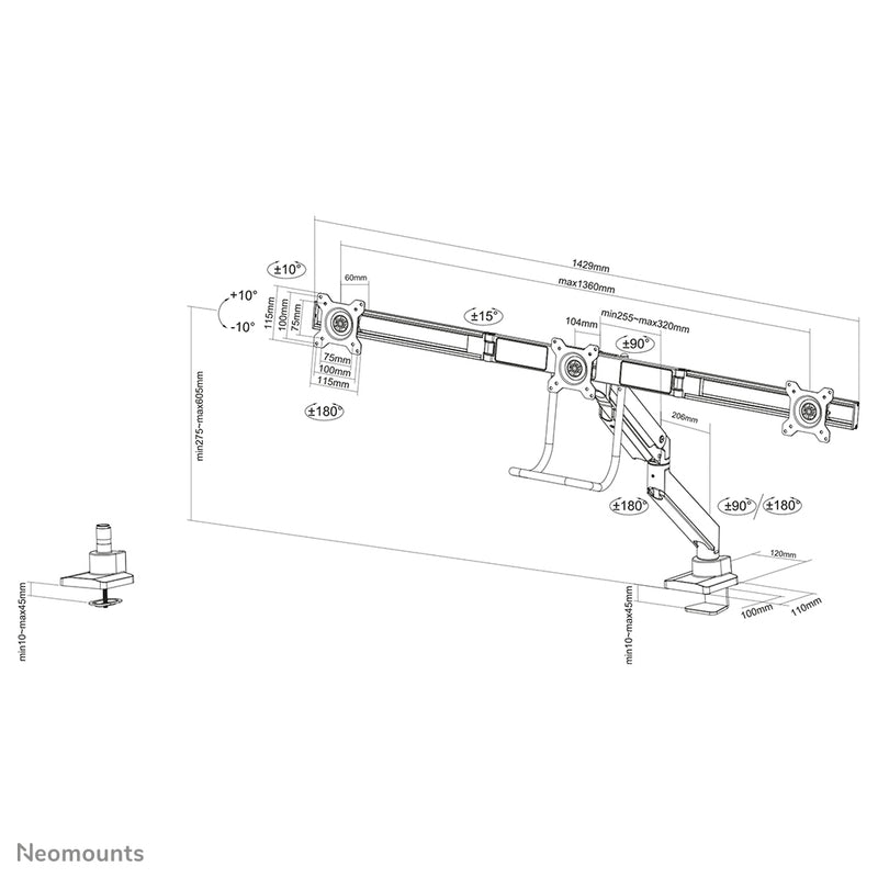 Neomounts NM-D775DX3BLACK Monitorarm 17-27" - Gasfeder - Topfix - 180°-Stopp