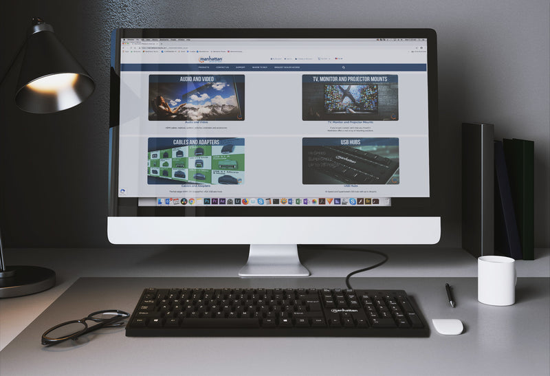 Manhattan USB-Tastatur, Kabelgebunden, 104 Tasten, integriertes USB-Kabel, LED-Anzeigen, schwarz