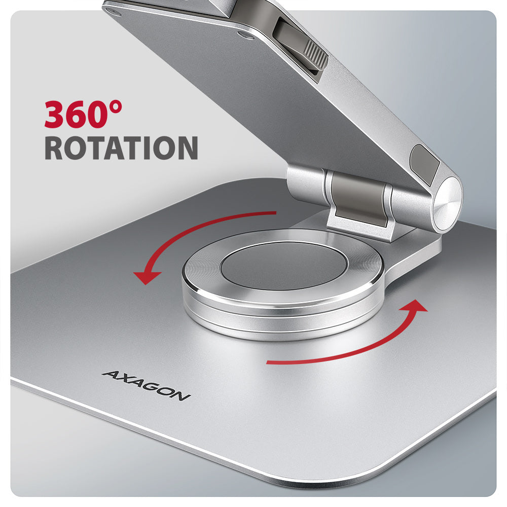 Axagon STND-LR Aluminiumständer mit 360°-Drehung für Laptops 10"–17.3". Verstellbare Höhe und Winkel.