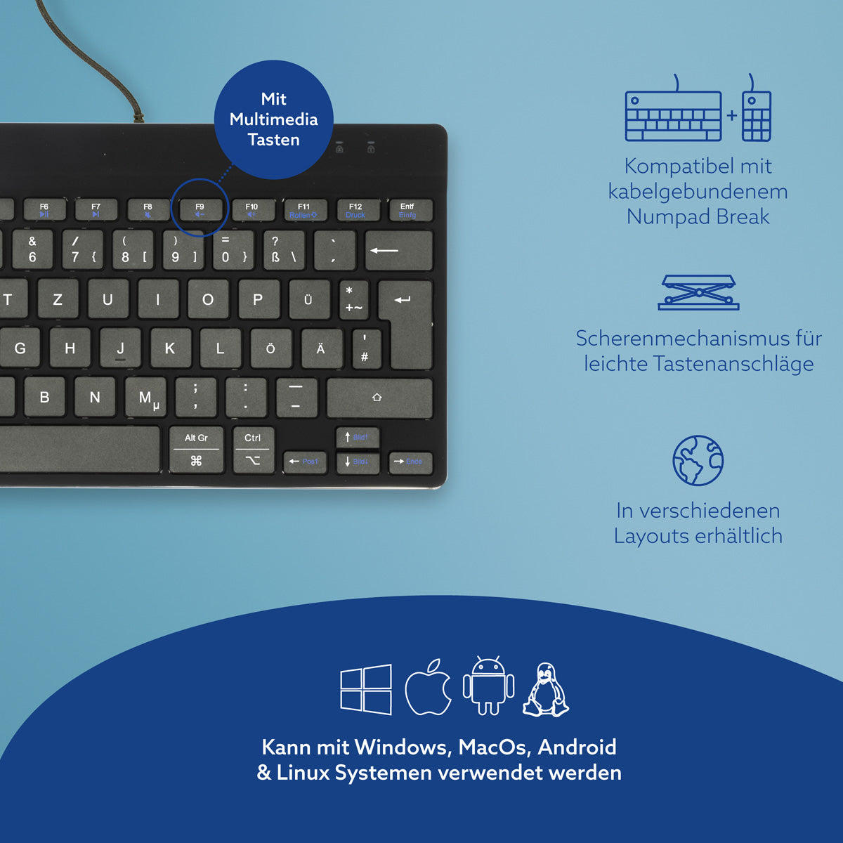 R-Go Tools Ergonomische Tastatur R-Go Compact Break, kompakte Tastatur mit Pausensoftware, QWERTZ (DE), Kabelgebunden, Schwarz