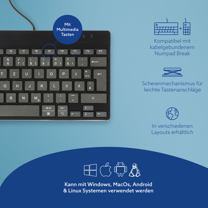 R-Go Tools Ergonomische Tastatur R-Go Compact Break, kompakte Tastatur mit Pausensoftware, QWERTZ (DE), Kabelgebunden, Schwarz