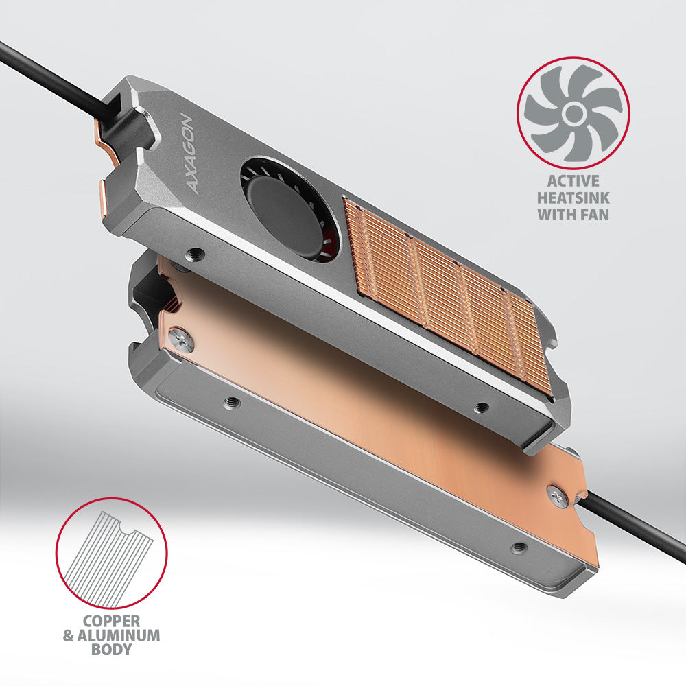 Axagon CLR-M2FAN Kupferkühler mit Lüfter für einseitige und doppelseitige M.2 SSD-Platten, Größe 2280, Höhe 13 mm.