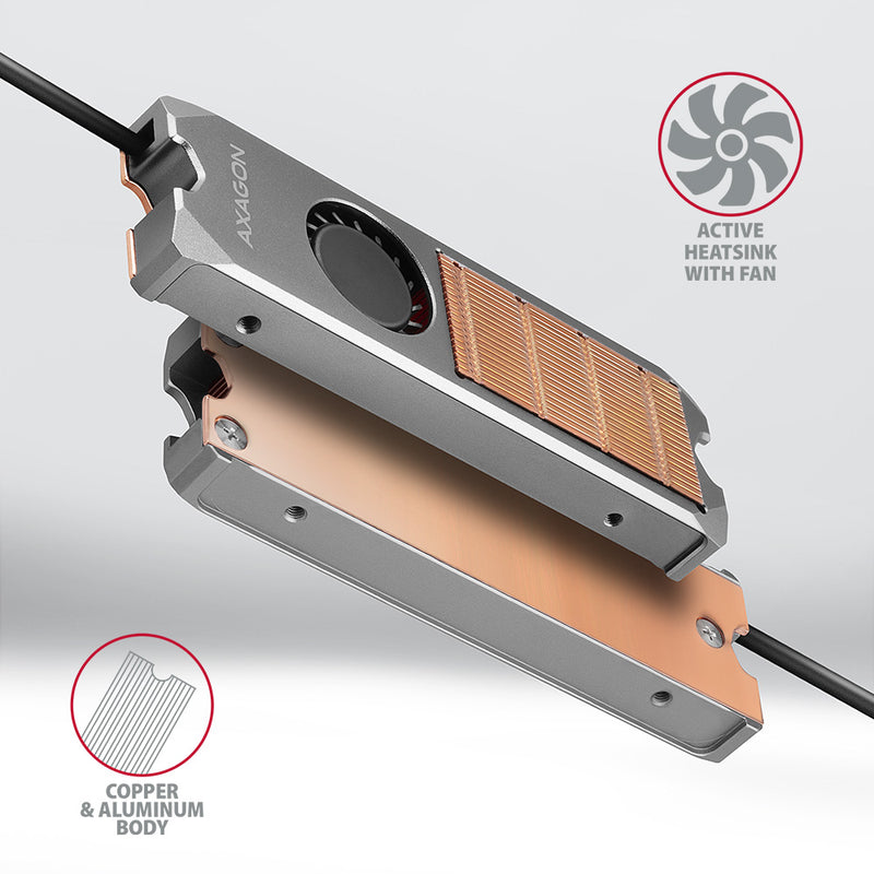 Axagon CLR-M2FAN Kupferkühler mit Lüfter für einseitige und doppelseitige M.2 SSD-Platten, Größe 2280, Höhe 13 mm.