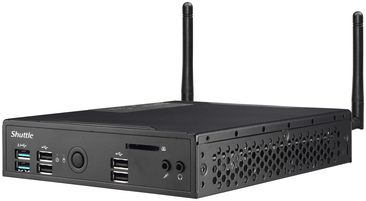 Shuttle XPC slim Barebone DS10U, Celeron 4205U, 1xHDMI, 1xDP, 1x VGA, 2x LAN, 1xCOM, 8x USB, sans ventilateur, fonctionnement continu 24/7