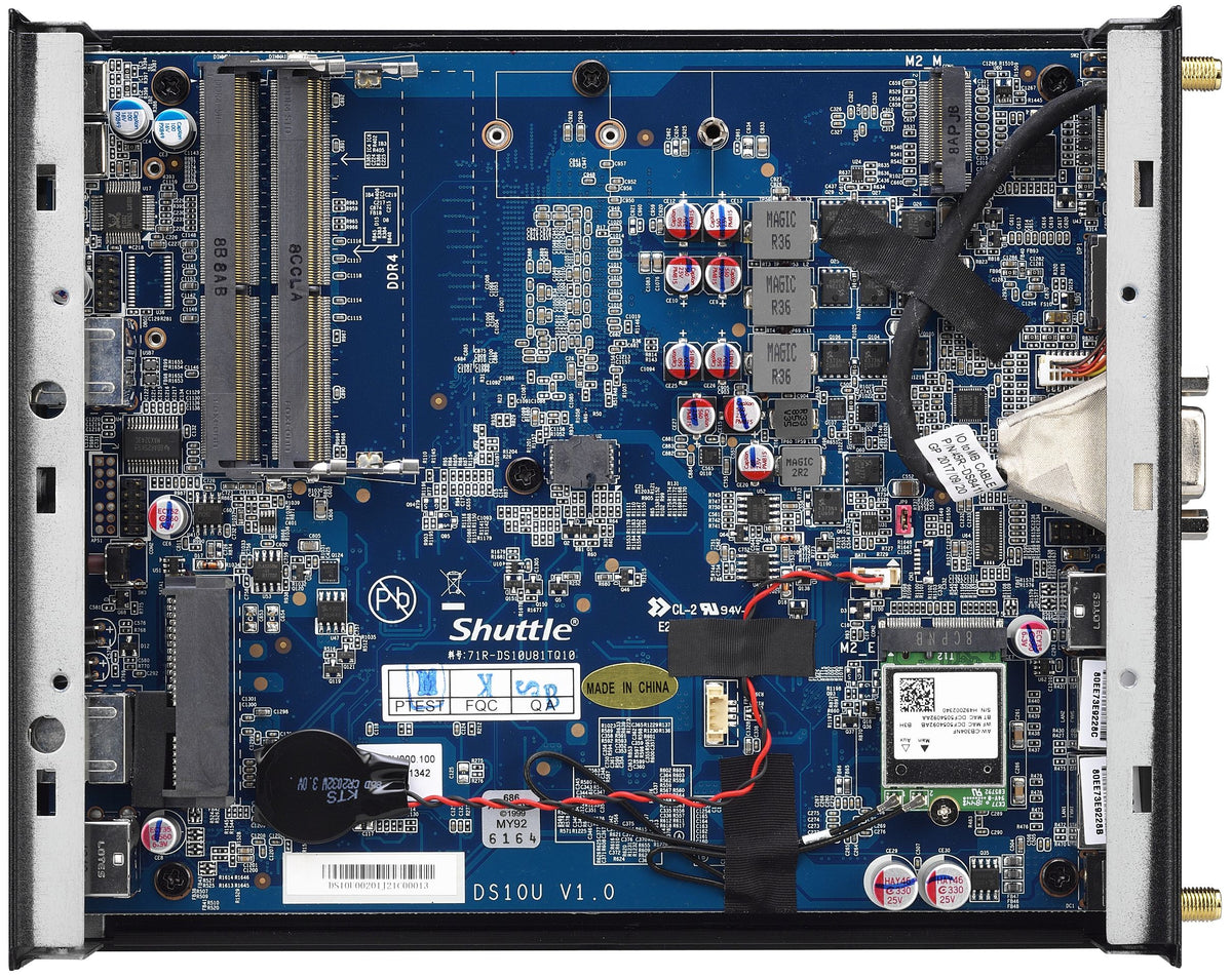 Shuttle XPC slim Barebone DS10U, Celeron 4205U, 1xHDMI, 1xDP, 1x VGA, 2x LAN, 1xCOM, 8x USB, sans ventilateur, fonctionnement continu 24/7