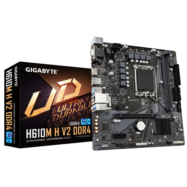 GIGABYTE H610M H V2 DDR4 Mainboard - Unterstützt Intel Core Prozessoren 14th CPUs, 6+1+1 Hybrid Digital VRM, up to 3200MHz DDR4 (OC), 1xPCIe 3.0 M.2, GbE LAN, USB 3.2 Gen 1