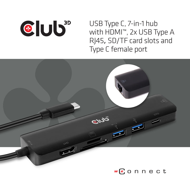 CLUB3D USB type C 7in1 Hub HDMI 4K60Hz SD TF Card slot 2x USB Type A USB Type C PD RJ45