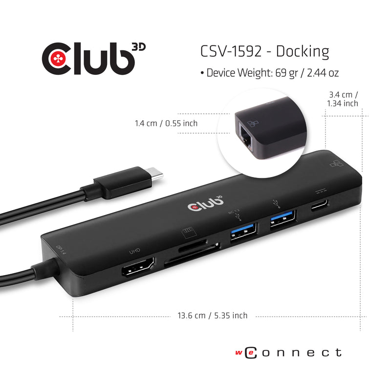 CLUB3D USB type C 7in1 Hub HDMI 4K60Hz SD TF Card slot 2x USB Type A USB Type C PD RJ45